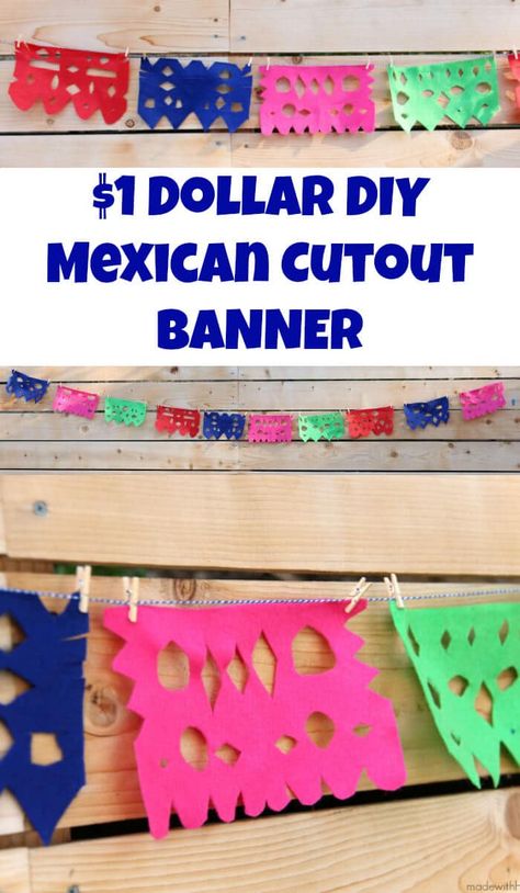 DIY Dollar Papel Picado - Mexican Cutout Banners - Made with HAPPY Cinco De Mayo Party Decorations Diy, Diy Mexican Decorations, Papel Picado Diy, Diy Mexican Decor, Diy Papel Picado, Mexican Fiesta Party Decorations, Homemade Party Decorations, Mexican Theme Party Decorations, Papel Picado Banner