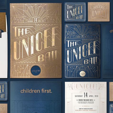 The Unicef Ball 2018 Identity on Behance Art Deco Packaging Design, Gala Branding, Art Deco Branding, Art Deco Packaging, Art Deco Graphic Design, Luxury Graphic Design, Art Deco Magazine, Art Deco Typography, Advanced Typography