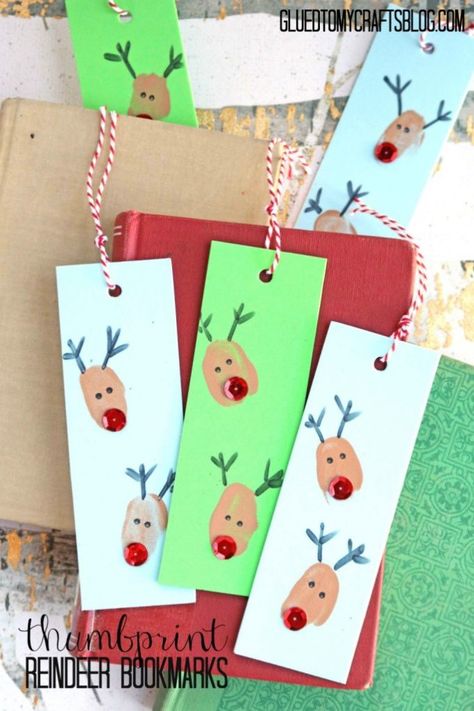 Thumbprint Reindeer, Bookmarks Kids Craft, Bookmarks Diy Kids, Thumbprint Crafts, Easy Gift Idea, Christmas Bookmarks, Christmas Cards Kids, Bookmark Craft, Bookmarks Kids