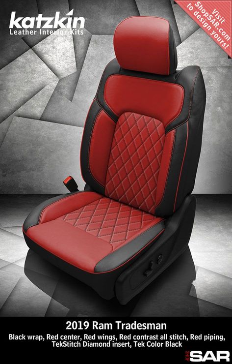 K1532-100 - This is a 2019 Ram 1500 Tradesman seat with Black wrap, Red center, Red wings, Red contrast all stitch, Red piping, TekStitch Diamond insert, Tek Color Black. #Katzkin #Ram #1500DT Red Interior Car, Car Seat Upholstery, Toyota Car Models, Car Interior Upholstery, Custom Car Seats, 2019 Ram 1500, American Racing Wheels, Automotive Upholstery, Car Sit