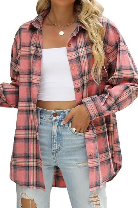 CHYRII Womens Button Down Flannel Shirts Long Sleeve Plaid Shackets Business Casual Blouse Top Flannel Shirt Outfits, Flannel Shirts For Women, Outfits Plus Size Women, Plaid Flannel Shirts, Plaid Print Shirt, Business Casual Blouse, Plus Size Plaid, Plaid Shirt Women, Womens Flannel Shirt