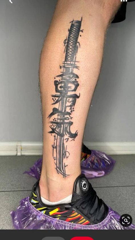 Tattoo Swords Japan, Tattoos For Calf, Anime Calf Tattoo, Ninja Tattoos For Men, Samoraii Tattoo, Samurai Tattoo Men, Tattoo Ideas For Men Anime, Japanese Calf Tattoo Men, Best Anime Tattoos For Men