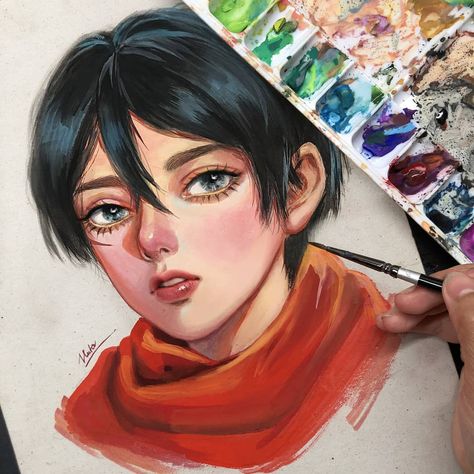 HutaChan on Instagram: “My gouache painting for Mikasa Ackerman in Attack on Titan. Love gouache colors but I'm still new with that kind, so it's quite difficult…” Hutachan Art, Mikasa Drawing, Name Paintings, Gouache Color, Drawings Tutorials, Mikasa Ackerman, Gouache Painting, Drawing Tutorial, Attack On Titan