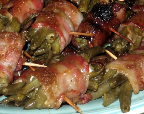 Bacon Wrapped Green Beans Bundles Recipe - Food.com Green Beans Bundles, Green Bean Bundles, Bacon Wrapped Green Beans, Pork Bacon, Fresh Green Beans, Green Bean Recipes, Green Bean, The Sauce, Vegetable Sides