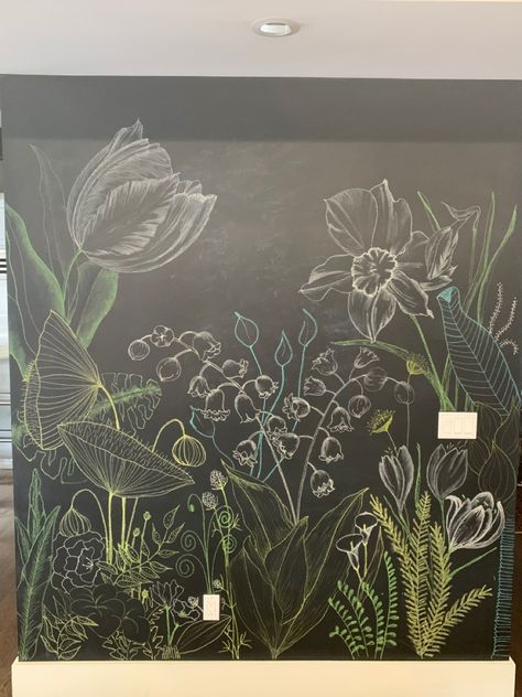 White and greens chalk on chalkboard paint wall Large Chalkboard Art, Green Chalk Paint Wall, Chalkboard Painted Wall, Chalkboard Wall Art Bedroom, Plant Chalkboard Art, Chalk Art On Wall, Chalk Wall Mural, Floral Chalk Art, Chalk Mural Ideas