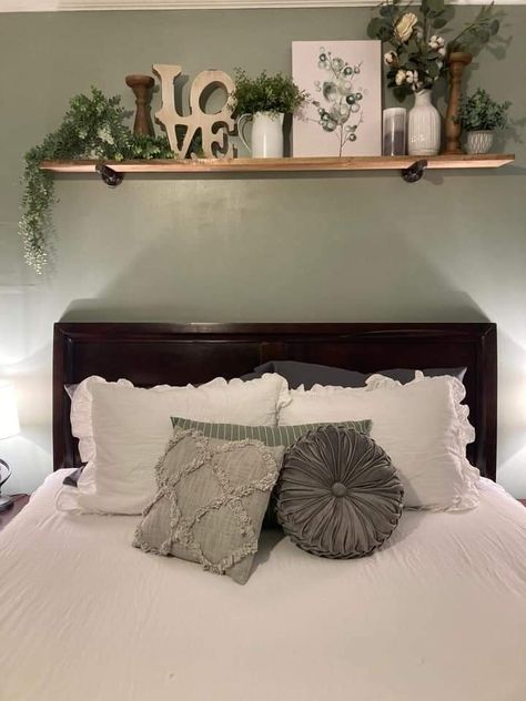 Bedroom Shelf Above Bed Decorating Ideas, Frame Shelf Above Bed, Self Over Bed, Shelves Above Headboard Bedroom, Floating Shelf With Plants Above Bed, Shelf Decor Over Bed, Farmhouse Shelf Above Bed, Mantel Above Bed, Diy Shelf Over Bed