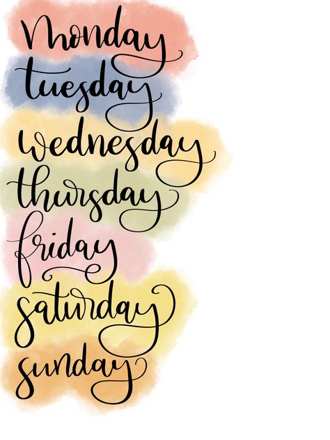 Days of the week. Calligraphy days of the week. Watercolor calligraphy. Bullet Journal ideas. Bujo Days Of The Week, Week Days Calligraphy, 2023 In Calligraphy, Days Of The Week Caligraphy, Journal Calligraphy Handwriting, Calligraphy Week Days, Calligraphy Journal Ideas, Days Of The Week Printables Aesthetic, Weekdays Calligraphy