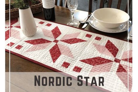 Nordic Star Table Runner free pattern Nordic Star Quilt Block, Table Runner Free Pattern, Star Table Runner, Nordic Star, Quilting Digest, Table Quilts, Table Runner Pattern, Christmas Quilts, Christmas Quilt