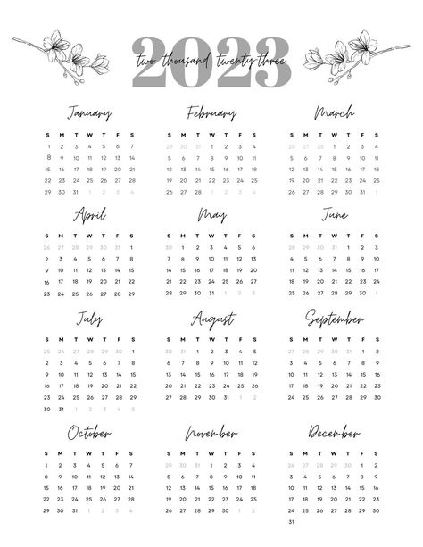 Printable 2023 calendar with cute flower design One Page Calendar, Due Date Calendar, 2023 Printable, Yearly Overview, Year At A Glance, Simple Planner, Mac Wallpaper, Birthday Calendar, New Year 2023