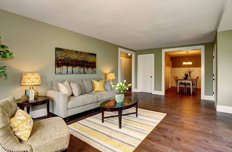 Living room with cherry wood floors sage paint Walnut Floors Living Room Paint Colors, Cherry Wood Color Scheme, Cherry Hardwood Floors Living Room Decor, Mahogany Floors Living Room, Red Wood Floors Living Rooms, Cherry Wood Floors Color Schemes, Cherry Wood Floors Living Room, White Floor Tiles, Sage Paint