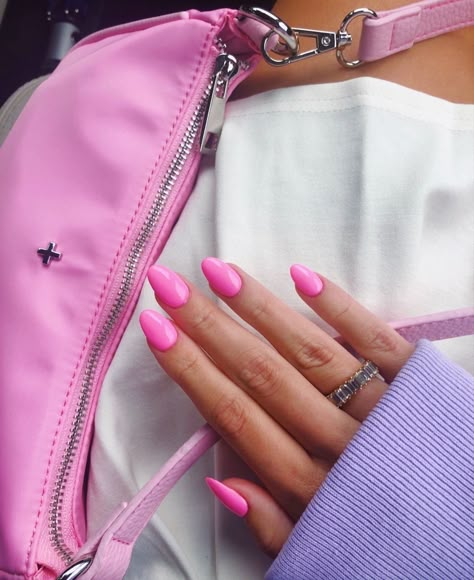 Neon Pink Almond Nails, Pink Oval Nails, Nail Appointment, Unicorn Nails, Nail Idea, Almond Acrylic Nails, Round Nails, Pink Nail, Peaceful Life