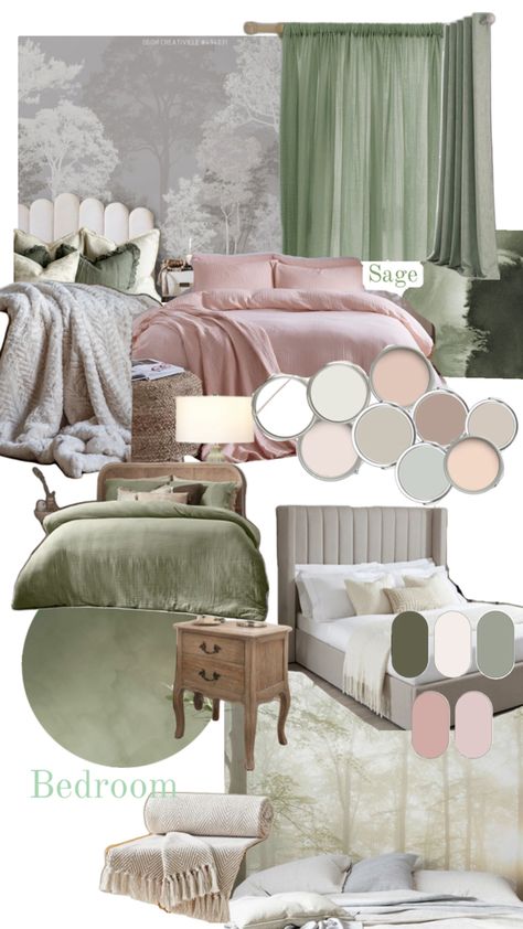 Bedroom inspiration, sage green, beds, wallpaper, woodland, themes, decor Mint Green Pink And Grey Bedroom, Hunter Green And Pink Bedroom, Grey And Sage Bedroom Ideas, Sage And Pink Bedroom Ideas, Green And Pink Kids Bedroom, Green And Rose Bedroom, Sage Girls Bedroom, Pink And Green Boho Bedroom, Light Pink And Green Bedroom