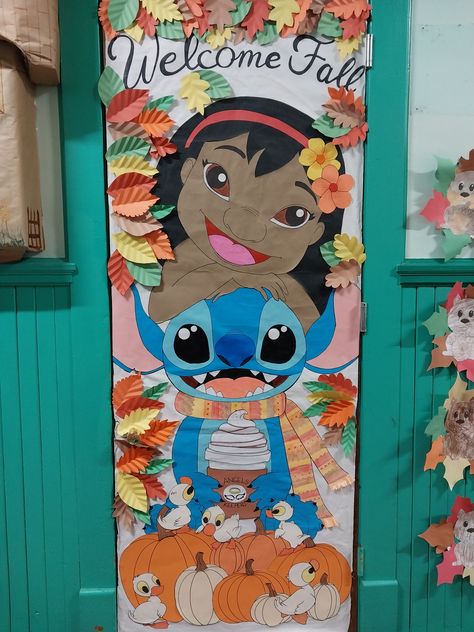 Lilo and Stitch welcome Fall daycare or classroom door. Lilo And Stitch Door Decorations Classroom, Lilo And Stitch Classroom Theme, Stitch Classroom Theme, Door Decorations Classroom, Fall Door, Welcome Fall, School Art Projects, Classroom Door, Classroom Theme