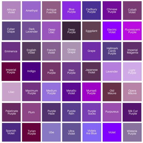 Purple Color Chart, Purple Color Names, Purple Names, Birth Colors, Purple Color Palettes, Color Palette Challenge, Color Palette Design, Colour Board, Color Pallets