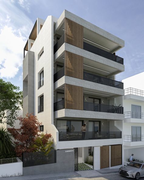 Our latest residential project concerns an A+energy efficient apartment building, located in the Agios Dimitrios area in Athens, Greece. This residential design consists of a four-storey building with pilotis, basement and a roof area for exclusive use, including a flat apartment per floor. Regarding the size of the building, we have a total of 325sq.m […] Apartment Blocks Architecture, Apartments Ideas Architecture, Two Floor Apartment Design, Three Floor Building Design, Outside Apartment Building, 4 Storey Residential Building Design, 8 Story Apartment Building, Modern 3 Story Apartment Building Design, 3 Storey Apartment Design