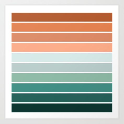 Buy 70s stripes - terracotta, rust, orange, dusty blue, sage, dusty green, earth tones Art Print by seventyeight. Worldwide shipping available at Society6.com. Just one of millions of high quality products available. Bright Earthy Color Palette, Sage Green And Orange Bedroom, Colors That Go With Orange, Sage And Rust Bedroom, Green And Terracotta Color Scheme, 70s Stripes, Terracotta And Green, Color Terracota, Orange Color Palettes