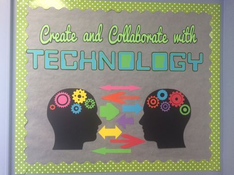 A Techy Teacher with a Cricut: Computer Lab Bulletin Board: create and collaborate Computer Lab Bulletin Board Ideas, Computer Bulletin Boards, Stem Bulletin Boards, Technology Bulletin Board, Computer Lab Decor, School Computer Lab, Computer Lab Classroom, Technology Classroom, Elementary Technology