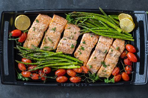 Sheet Pan Salmon and Veggies Sheet Pan Salmon And Veggies, Sheet Pan Mediterranean, Salmon Meals, Salmon Veggies, Salmon And Veggies, Sheet Pan Salmon, Pan Salmon, Leftover Salmon, Recipe Sheets