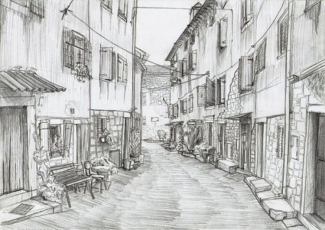 40 Incredible Pencil Drawings of Nature you have never seen before 30 Town Landscape Drawing, Small City Drawing, City Scape Sketch, City Scape Drawing, Town Sketch, Drawings Of Nature, Street Sketch, Street Drawing, Drawing City