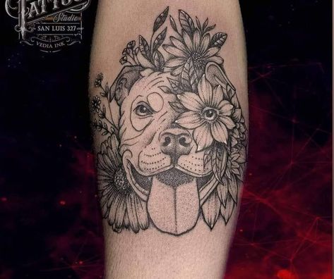 Pitbull With Flowers Tattoo, Half Dog Face Half Flower Tattoo, Pittie Tattoo, Staffy Tattoos, Dog Flower Tattoo, Pitbull Tattoos, Tattoo Writing Fonts, Pet Tattoo Ideas, Ink Tattoo Design