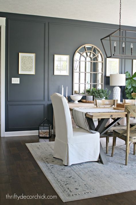 Emerald Green Accent Wall Dining Rooms, Angled Dining Room Wall, Adding Depth To Walls, Wood Trim Accent Wall Dining Room, Crown Molding In Dining Room, Dining Room Accent Wall With Mirror, Dinning Room Wall Trim Ideas, Large Accent Wall Dining Room, Paneled Dining Room Wall