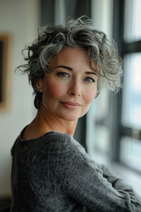 Portrait of a smiling woman with short curly gray hair, gazing calmly, wearing a gray sweater, near a window with visible daylight. Curly Pixie Haircuts Over 50, Hot Hair Styles For Women, Short Curly Gray Hair Over 50, Short Cuts For Curly Hair, Short Hair Curly Styles, Short Curly Hair With Layers, Curly Hair Pixie, Haircut For Curly Hair, Short Haircuts For Curly Hair