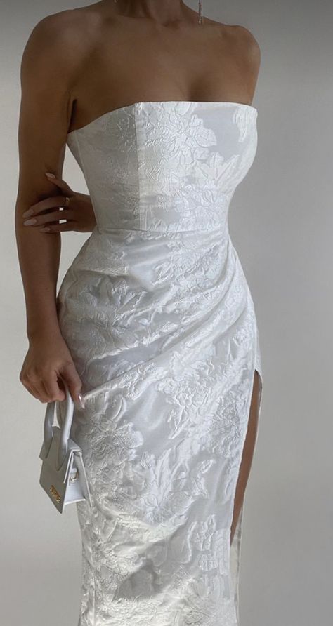 Cocktail Wedding Dresses, White Dress For Reception, Wedding Reception Dress Midi, Strapless Midi Wedding Dress, Engagement Dinner Dress, Bridal Shower Bride Dress, Two Piece Bridal Outfit, Rehersal Dinner Outfit Bride Summer, Bridal Shower Dress For Bride Summer