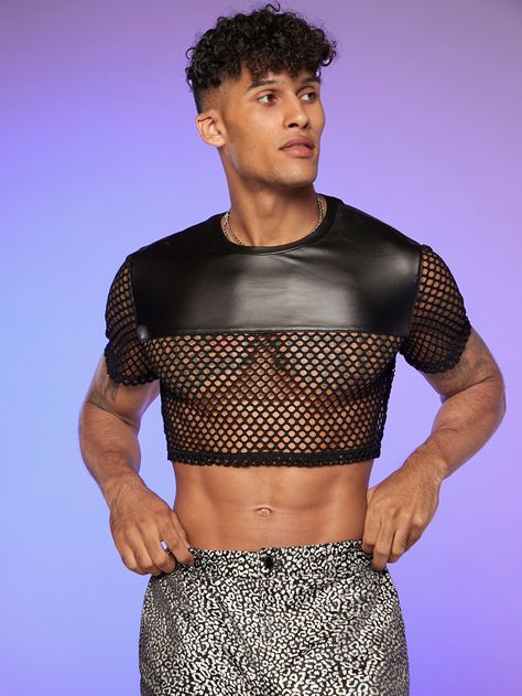 Black Party Collar Short Sleeve Polyester Plain  Embellished Non-Stretch  Men Tops Gay Club Outfit, Mens Crop Tops, Mesh Shirts, Fishnet Shirt, Fishnet Outfit, Mens Crop Top, Muscle Supplements, Fishnet Crop Tops, Shein Men