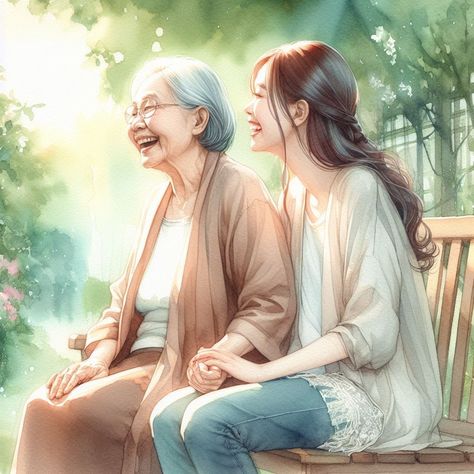 Anime Mother And Daughter Art, Grandmother And Granddaughter Drawing, Mother Hugging Daughter Drawing, Grandmother Cartoon Images, Agar Art, Grandma Hugging Grandchild, Grandmother Granddaughter, Asian Cosplay, Cute Quotes For Life