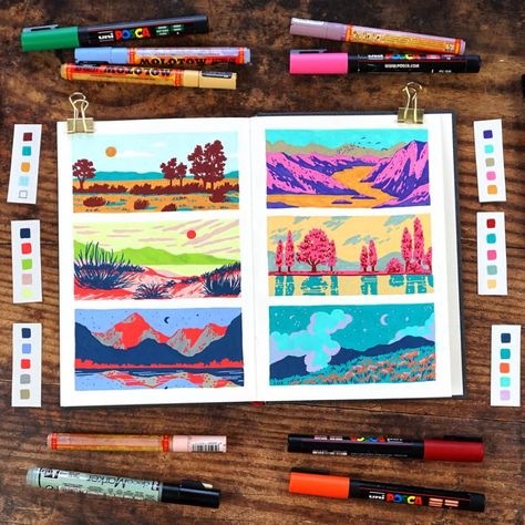 Colorful sci-fi landscapes ✨ 💜 Timelapse of these on my YouTube channel and a blogpost about them on my website. Link in bio for both! 💜 Posca Ideas, Acrylic Marker Art, Posca Pen Art, Posca Markers, Posca Pens, Posca Marker, Acrylic Markers, Posca Art, Gouache Art