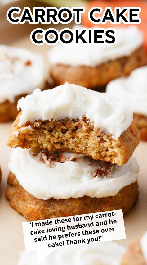 These carrot cake cookies are perfect for Easter! Soft, chewy cookies have warm, flavorful spices like carrot cake and are topped with a sweet and tangy cream cheese frosting. Carrot Cake Cookie Recipe, Cake Cookie Recipe, Carrot Cake Cookie, Carrot Cake Cookies Recipe, Fluffy Cream Cheese Frosting, The Best Carrot Cake, Carrot Cookies, Easy Frosting, Easy Carrot Cake