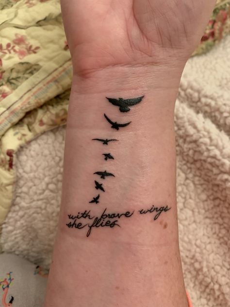 Brave Tatoos Ideas, With Brave Wings She Flies Tattoo, Flies Tattoo, Crow Tattoos, Pinky Promise Tattoo, With Brave Wings She Flies, Arm Tattoos For Guys Forearm, Crow Flying, Toe Tattoos