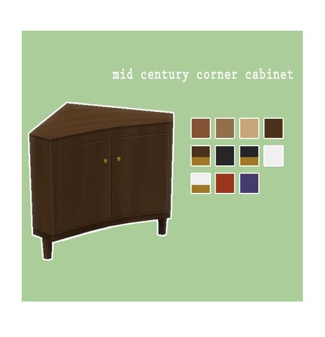 Mid century corner cabinetA mid century inspired cabinet. It’s a bit taller than a desk and has some slots for clutter. BGC11 swatches Download - Dropbox Sims 4 Cc Mid Century, Sims 4 Mid Century Cc, Sims 4 70s Cc Furniture, Sims 4 Mid Century Modern, Sims Furniture, 1950s Furniture, Cc Furniture, Sims 4 Game Mods, Tumblr Sims 4