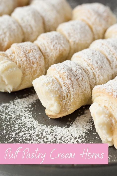 This easy cream horns (lady locks) recipe will quickly become a new favorite! This classic cream-filled pastry is topped with a light dusting of powdered sugar making it a perfect dessert for holidays, weddings, baby showers or other occasions. Lady Locks Recipe, Puff Pastry Cream Horns, Puff Pastry Cream, Easy Puff Pastry Desserts, Lady Locks, Pastry Ideas, Puff Pastry Cream Puffs, Homemade Buttercream, Pastries Recipes Dessert