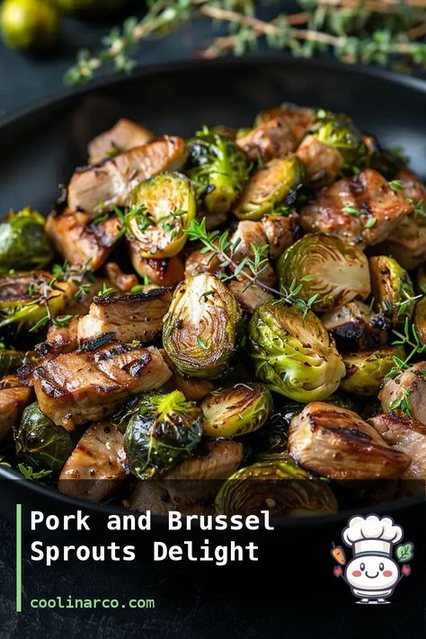 A delicious and healthy dish combining pork and brussel sprouts Pork Brussel Sprout Bowl, Pork And Brussel Sprout Recipes, Pork Tenderloin Brussel Sprouts, Pork And Brussel Sprouts, Brussel Sprouts Dinner, Brussel Sprout Pasta, Pork Dinners, Boiled Food, Pork Stew