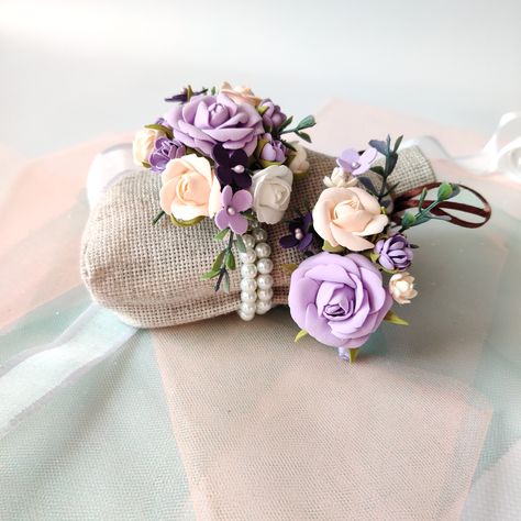 Mother Of The Bride Corsage, Purple Corsage, Mother Of Bride Corsage, Bride Corsage, Pearl Corsage, Corsage Wristlet, Purple Boutonniere, Lavender Boutonniere, Bracelet Corsage