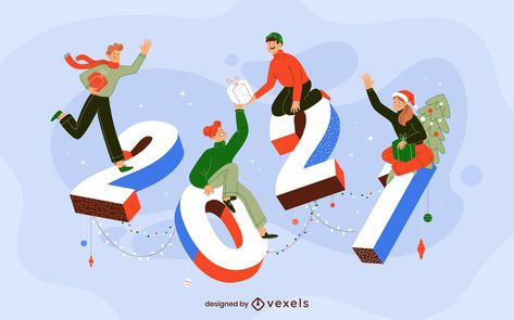 New Year Illustration Design, New Year Graphics, New Year Doodle, Character Sitting, Corporate Website Design, Christmas Graphic Design, Flat Art, New Year Illustration, Instagram Template Design