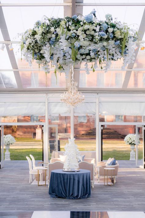 Wedding Tent Entrance, Flower Chandelier Wedding, Marquee Wedding Decoration, Floral Chandelier Wedding, Tent Weddings, Slate Blue Wedding, Blue White Flowers, Chandelier Wedding, Palace Wedding