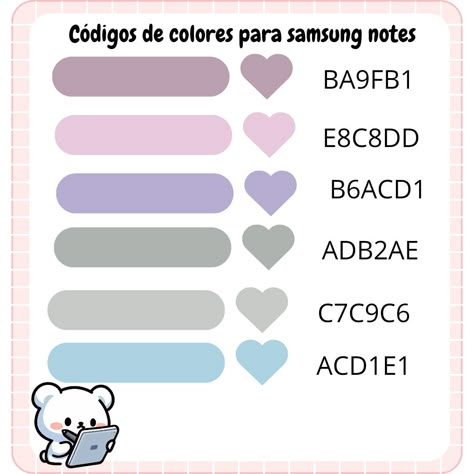 Códigos de colores bonitos para apuntes digitales, compatibles con Samsung notes y goodnotes Note Tablet, Samsung Notes, Study Planner Printable, How To Make Stickers, Hex Codes, Samsung S6, Good Notes, Study Planner, Samsung Note