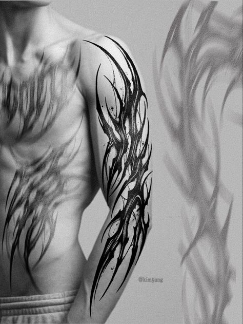 Dark Ornamental Tattoo Arm, Black Metal Tattoo Ideas, Tato Dark, Abstract Tattoo Men, Coneflower Tattoo, Neo Tribalism Tattoo, Neotribal Tattoo, Dark Mark Tattoos, Small Back Tattoos