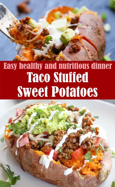 Paleo Sweet Potato Recipes Dinner, Stuffed Sweet Potato Taco, Sweet Potato Chicken Tacos, Healthy Stuffed Sweet Potato Recipes, Super Healthy Dinner Ideas, Dinner Ideas Lazy, Whats For Dinner Tonight Easy Healthy, Taco Sweet Potato Boats, Baked Stuffed Sweet Potato Recipes