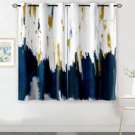 Navy Blue White Brown Grey Abstract Grommet Room Darkening Blackout Curtains 63 Inches Long, Oil Painting Style Print Ombre Window Drapes for Living Room Bedroom, 42" 63", Set of 2 Panels Grey Abstract Art, Drapes For Living Room, Dining Room Curtains, Silk Curtains, Decorative Lines, Modern Tops, Curtain Patterns, Window Drapes, Fabric Squares