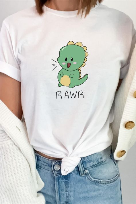 Dino Clothes, Dinosaur Tshirt Ideas, Dinosaur Shirt Women, Dino Dress, Dinosaur Tshirt, Unisex White T-shirt With Dinosaur Print, Birthday Outfit For Teens, Cute Cotton Dinosaur Print T-shirt, Dino Tee