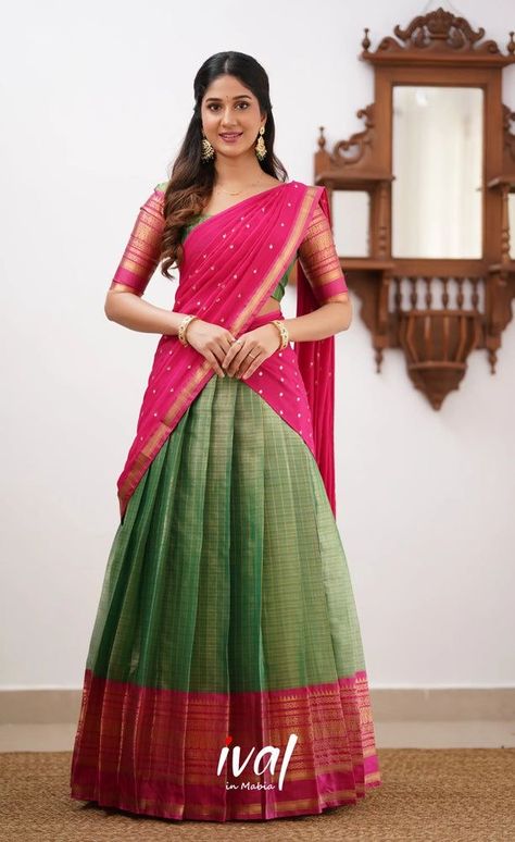 Simple Half Saree Designs South Indian, Organza Half Saree, Half Saree Designs South Indian, Pink Half Sarees, Orang India, Langa Voni, Long Blouse Designs, Simple Lehenga, Lehenga Saree Design