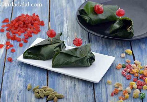 Meetha Paan Paan Recipe Leaves, Meetha Paan, Fusion Desserts, Digestive Aid, Mouth Freshener, Cherry Ice Cream, Dried Dates, Betel Nut, Glace Cherries