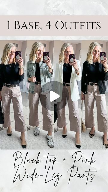 Wide Leg Khaki Pants Outfit, Basic Black Top, Khaki Pants Outfit, Wide Leg Cropped Pants, Navy Fashion, Petite Fashion, Black Top, Pants Outfit, Cropped Pants