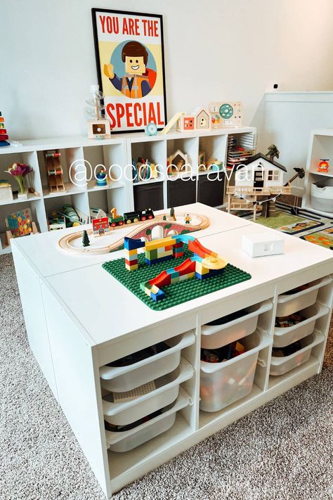 10 IKEA Lego Table Hacks Your Kids Will Love - Curbly Lego Table For Older Kids, Trofast Lego, Ikea Lego Table, Kids Playroom Table, Ikea Lego, In Home Daycare Ideas, Lego Play Table, Lego Table Ikea, Ikea Trofast Storage