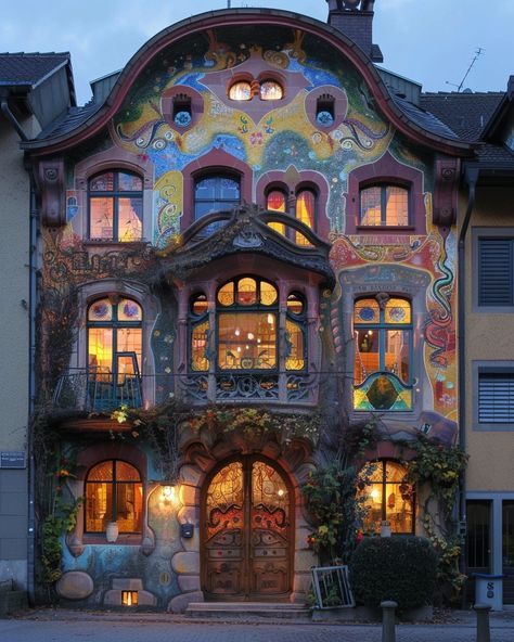 A house in the style of Art Nouveau, with intricate decorative elements and ornate windows, painted in vibrant colors like golds, blues, reds, and greens. The architecture includes whimsical shapes and curves reminiscent of the work of Gustav Klimt. It has an entrance decorated with colorful glasswork and lights that create a magical atmosphere inside. There is also some ivy growing on its walls, adding to its naturalistic charm. This home would be unique and eyecatching --v 6 Fairytale Architecture, Incredible Houses, Whimsical Architecture, Art Nouveau House, Amazing Houses, Old Abandoned Houses, Whimsical Home, Castle House, Hygge Home