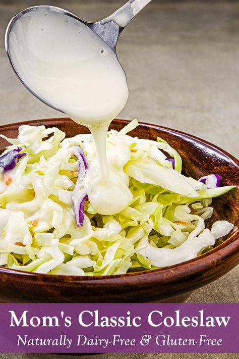 Mom's Classic Coleslaw Recipe (Dairy-Free with Vegan Option) Dairy Free Coleslaw, Classic Coleslaw Recipe, Classic Coleslaw, Dairy Free Dressing, Winter Side Dishes, Food Sandwiches, Vegan Potluck, Vegan Coleslaw, Slaw Dressing