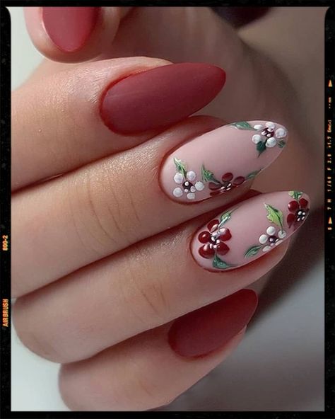 Almond Nails - Summer Nails - Acrylic Nails Nails With Red, Red Nail Art Designs, Simple Spring Nails, Red Nail Art, Nude Nail Designs, Cool Nail Designs, Chic Nails, Red Flower, Flower Nails